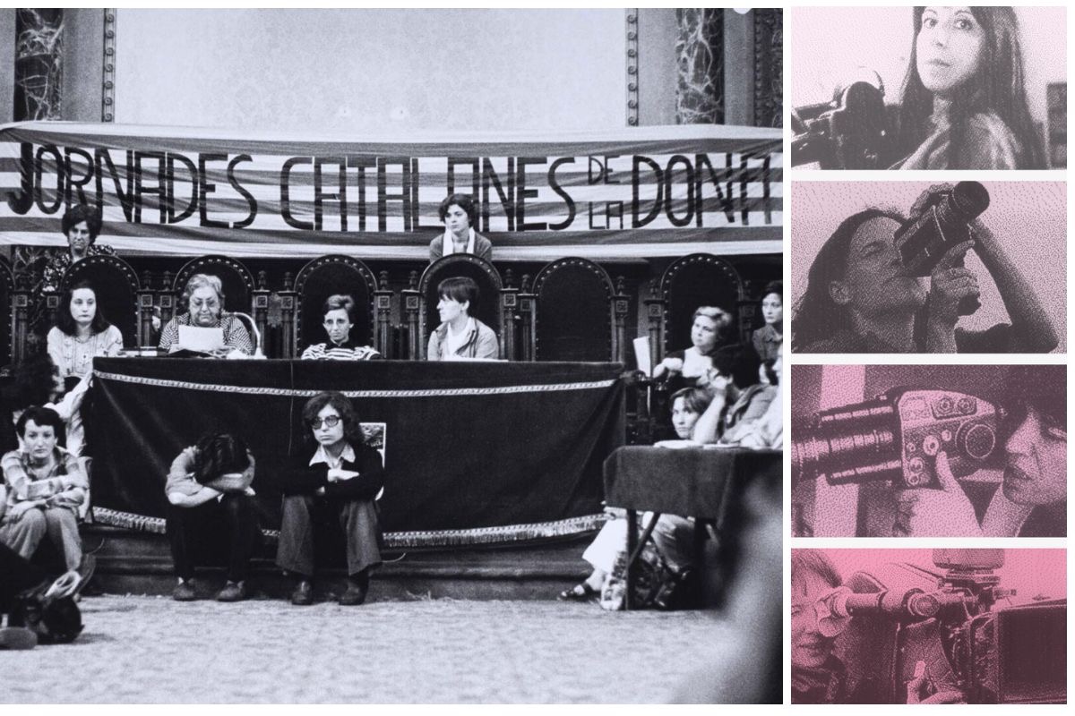 Fotomuntatge de 'Feminismes Fílmics' sobre una imatge original de les Jornades del 1976. (Pilar Aymerich / ANC / Filmoteca)