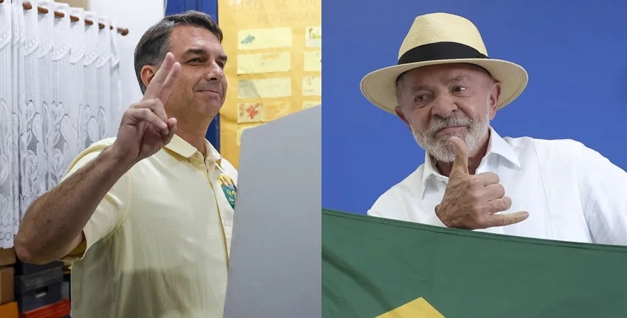 El senador i candidat presidencial Flávio Bolsonaro, i el mandatari brasiler i candidat a reelecció, Luiz Inácio Lula da Silva. (EFE / Antonio Lacerda / Isaac Fontana)