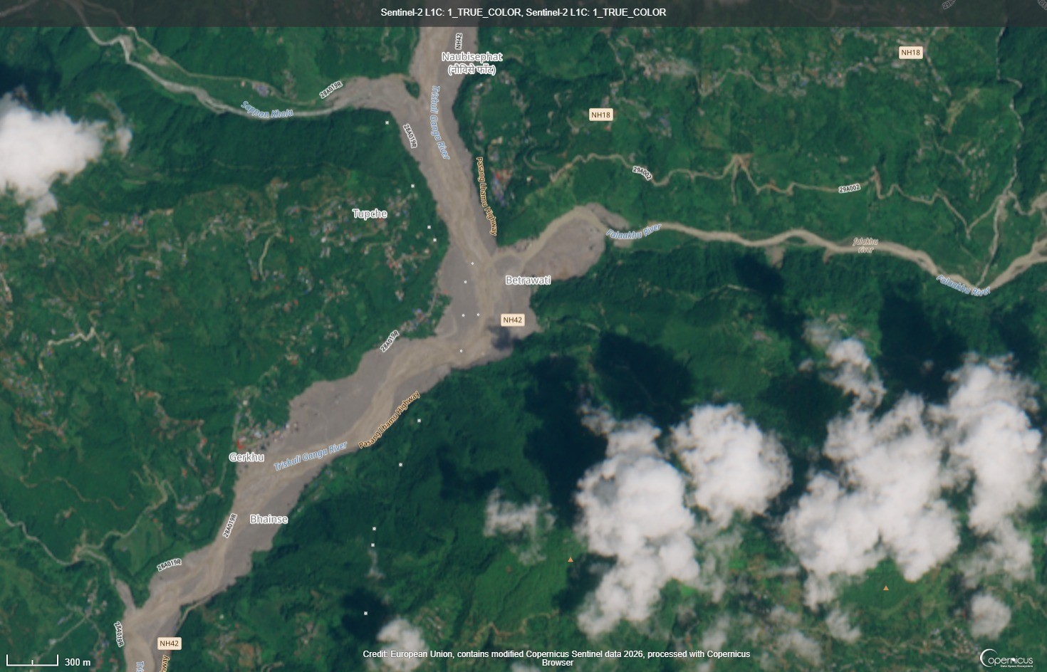 Imatge del satèl·lit Sentinel 2, de Copernicus, a Betrawati, Nepal, el 27 d'agost, després de les inundacions Imatge del satèl·lit Sentinel 2, de Copernicus, a Betrawati, Nepal, el 27 d'agost, després de les inundacions