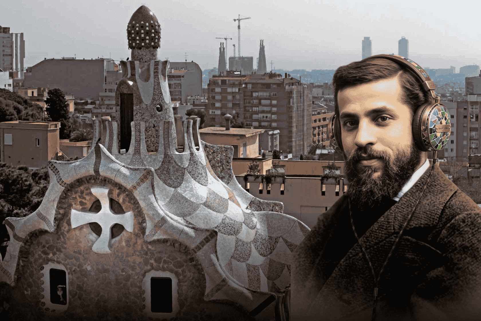 Imatge fictícia (IA) d'Antoni Gaudí escoltant música al Park Güell