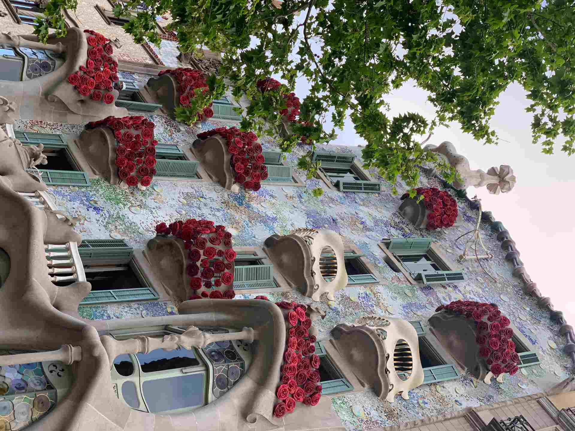 La façana de la Casa Batlló decorada amb un jardí vertical de roses.