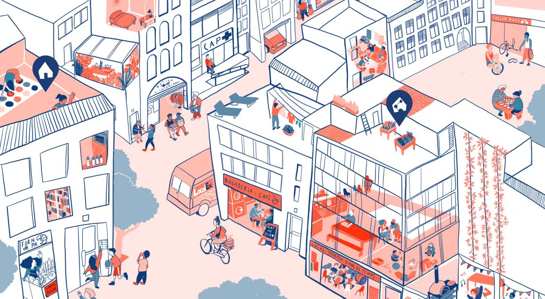 Il·lustració del que seria el projecte 'Xarxa Comunitària de Cures a l'entorn de l'habitatge' Il·lustració del que seria el projecte 'Xarxa Comunitària de Cures a l'entorn de l'habitatge'