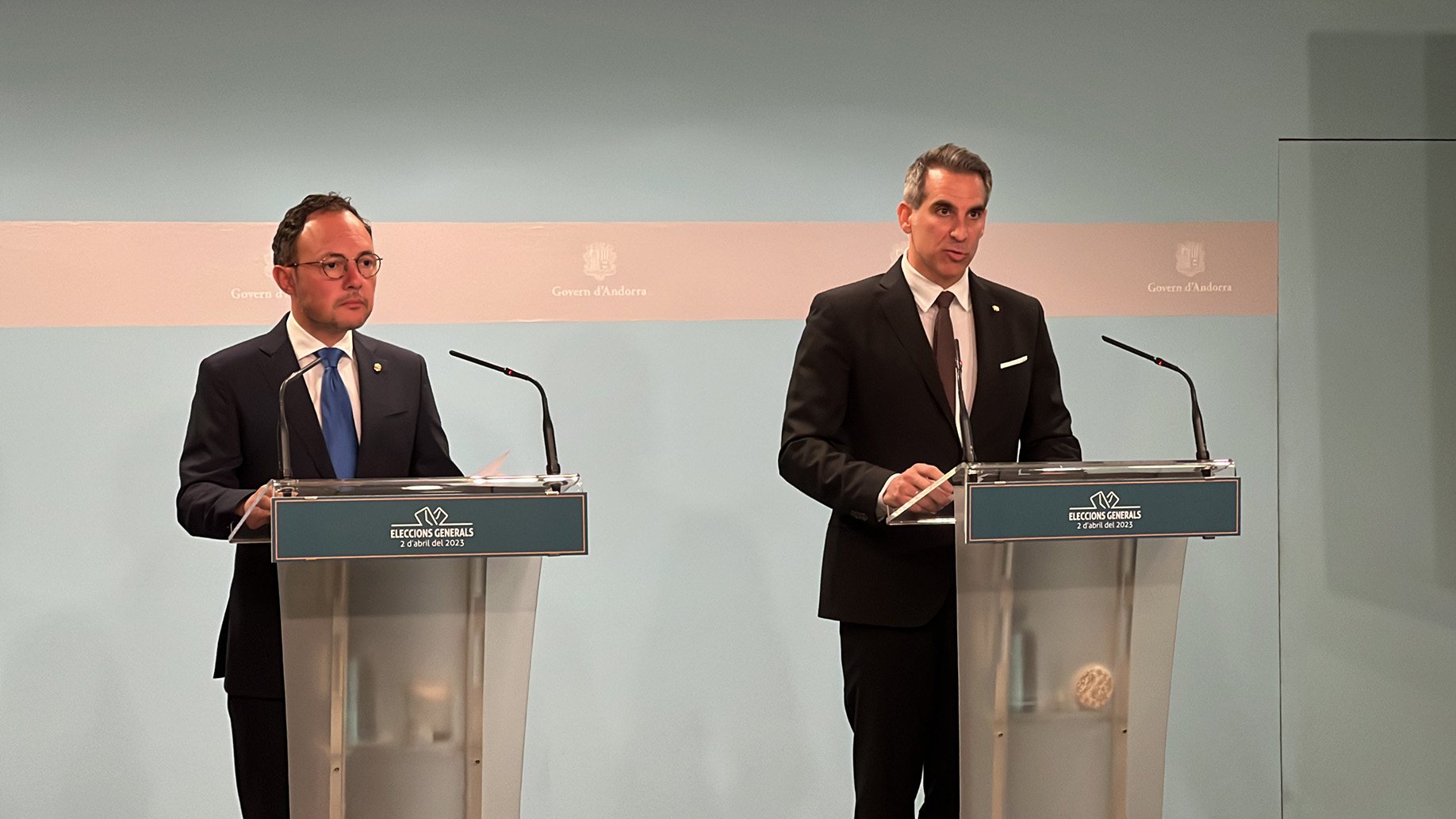 El cap de govern d'Andorra, Xavier Espot, compareixent amb el ministre portaveu, Cesar Marquina, per donar els resultats de les eleccions generals El cap de govern d'Andorra, Xavier Espot, compareixent amb el ministre portaveu, Cesar Marquina, per donar els resultats de les eleccions generals